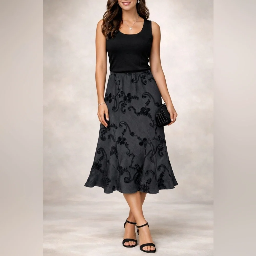 Lena Gabrielle Black Gray Floral Burnout Midi Skirt Size 10 Lined Elegant Y2K